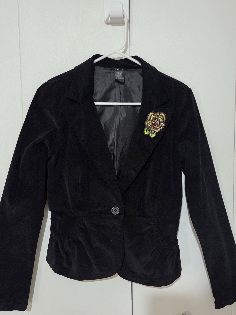 CELL Y2K Corduroy Embroidered Sequin Rose Love Jacket Blazer Black